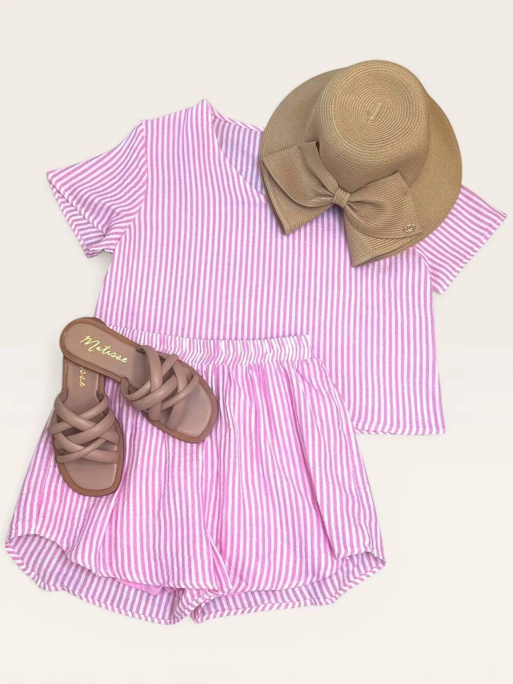 NEW MEET ME IN SANTORINI women's stripe two piece set in pink gauze